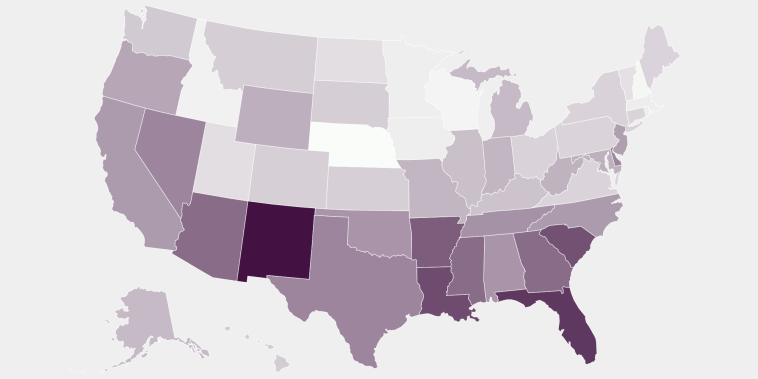 A color-coded map of the United States showing which states had the highest population-adjusted rate of pedestrian deaths. New Mexico and Florida had the highest.