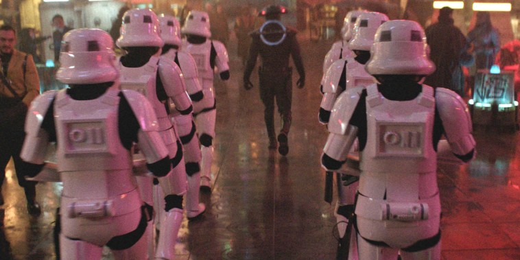 Stormtroopers walk in formation during a scene in the Disney+ series, "Obi-Wan Kenobi."