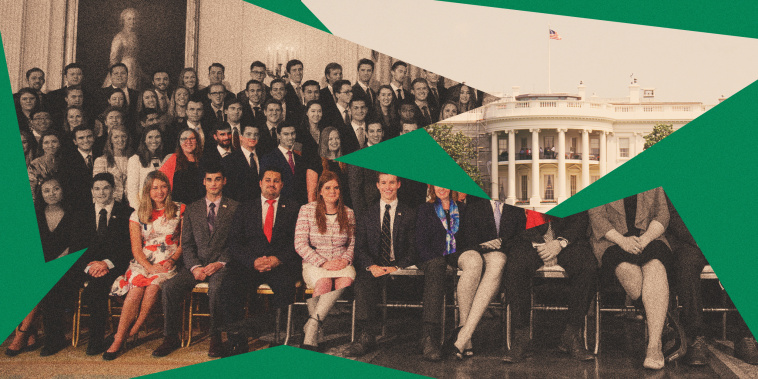 Photo illustration of White House interns sitting for a group photo, broken up into shards, and the exterior of the White House.