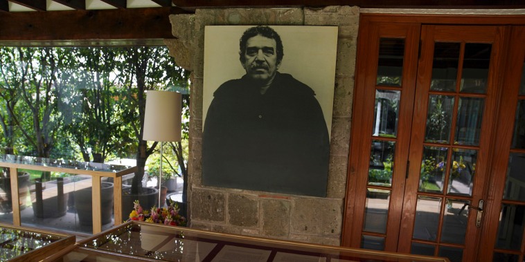 A collection of letters are displayed in a room decorated with a photograph of late Colombian writer Gabriel García Márquez at his home in Mexico City, on June 15, 2022.