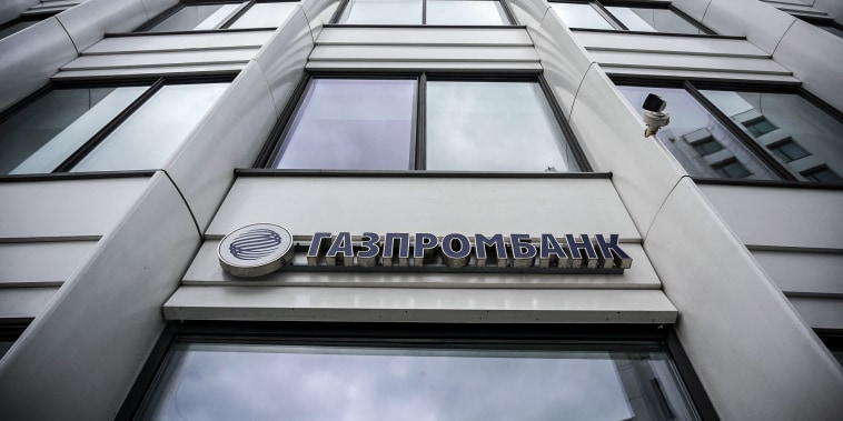 Gazprombank, a subsidiary of state energy giant Gazprom, is seen at its office in Moscow on April 27, 2022.