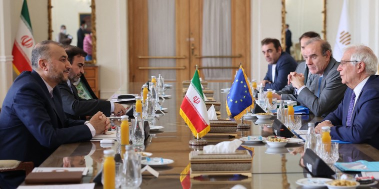 Iran's Foreign Minister Hossein Amir-Abdollahian, left, meets with the High Representative of the European Union for Foreign Affairs and Security Policy Joseph Borrell