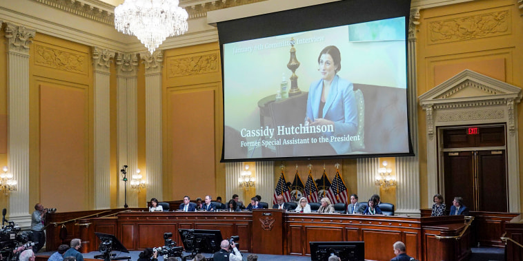 A video of Cassidy Hutchinson, former aide to White House Chief of Staff Mark Meadows, is shown as the House select committee investigating the Jan. 6 attack on the U.S. Capitol continues to reveal its findings of a year-long investigation on June 23, 2022.