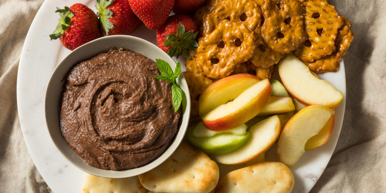 Homemade Chocolate Dessert Hummus Dip with Apples and Naan
