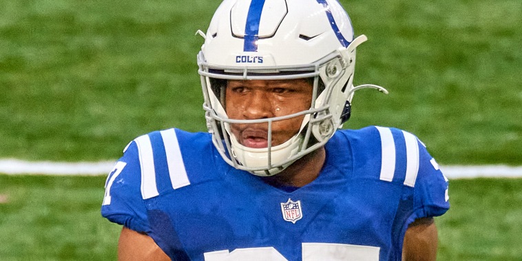INDIANAPOLIS, IN - NOVEMBER 08: Indianapolis Colts strong safety Khari Willis (37) looks on in action during a NFL game between the Indianapolis Colts and the Baltimore Ravens on November 08, 2020 at Lucas Oil Stadium in Indianapolis, IN. (Photo by Robin Alam/Icon Sportswire via Getty Images)