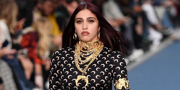 Lourdes Leon presents a creation by Marine Serre during the Menswear Ready-to-wear Spring-Summer 2023 Fashion Week in Paris on June 25, 2022.