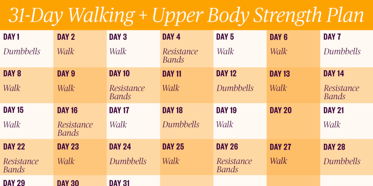 Walking and upper body strength wokout plan calendar