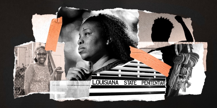 Photo collage: Images of Portia Pollock, Fatima Muse, a protestor from the George Floyd protests, a bunch of prison keys hanging from an officer's belt, and a close-up of a transportation bus of the Louisiana State Penitentiary.