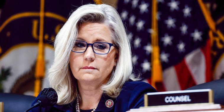 Rep. Liz Cheney, R-Wyo., questions Cassidy Hutchinson, a top former aide to Trump White House Chief of Staff Mark Meadows, as she testifies on June 28, 2022.