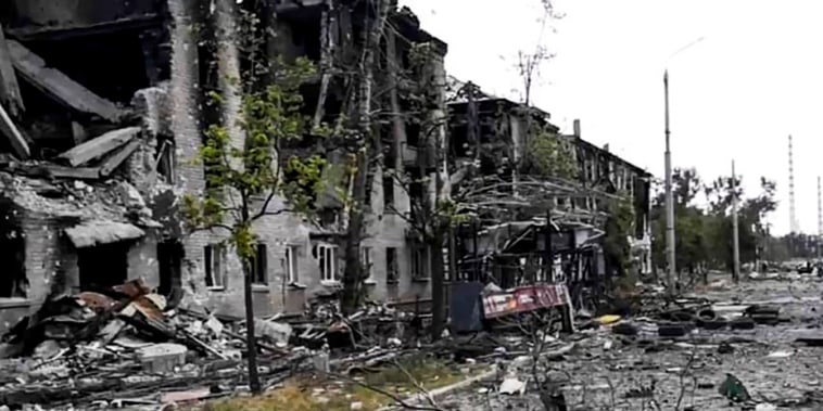 Damaged residential buildings are seen in Lysychansk, Luhansk region, Ukraine, on July 3, 2022.