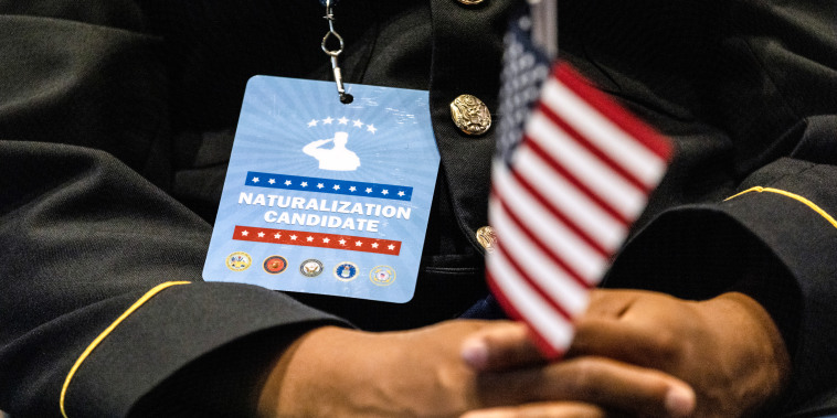 A person seated, focus is on a badge they're wearing that reads "naturalization candidate" as they hold an American flag