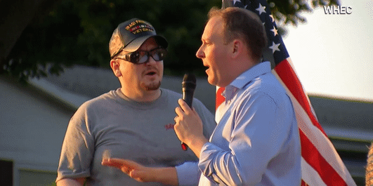 Rep. Lee Zeldin is attacked on stage by a spectator during a campaign event in Fairport, N.Y. on July 21, 2022.