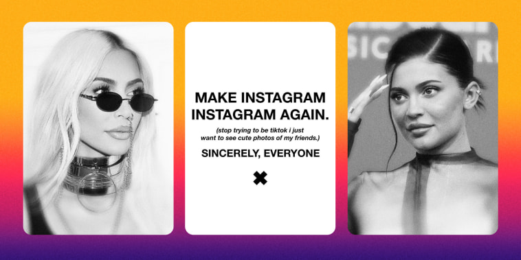 Photo illustration of Kim Kardashian and Kylie Jenner, and a viral post asking to "Make Instagram Instagram Again."