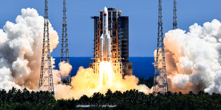 The Long March 5B Y3 carrier rocket, carrying Wentian lab module, blasts off from the Wenchang Space Launch Center in Wenchang in southern China's Hainan Province on July 24, 2022.