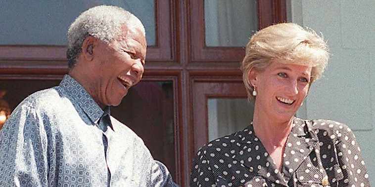 South African President Nelson Mandela and Princess Diana speak with the press after meeting in the Mandela's home, Goldendale, in Cape Town, South Africa March 17, 1997.