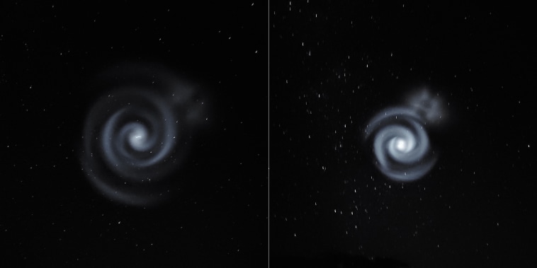 Alasdair Burns tomó estas dos fotografías de la espiral vista en Nueva Zelanda. “Tardó unos 20 minutos en desvanecerse desde que la vimos por primera vez”, contó a Noticias Telemundo.