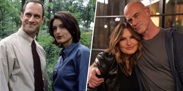 LEFT: LAW & ORDER: SPECIAL VICTIMS UNIT -- "Stalked" Episode 8 -- Air Date 11/22/1999 -- Pictured: (l-r) Christopher Meloni as Detective Elliot Stabler, Mariska Hargitay as Detective Olivia Benson -- Photo by: Jessica Burstein/NBCU Photo Bank

RIGHT: LAW & ORDER: ORGANIZED CRIME -- "Takeover" Episode 215 -- Pictured: (l-r) Mariska Hargitay as Captain Olivia Benson, Christopher Meloni as Detective Elliot Stabler -- (Photo by: Virginia Sherwood/NBC/NBCU Photo Bank via Getty Images)
