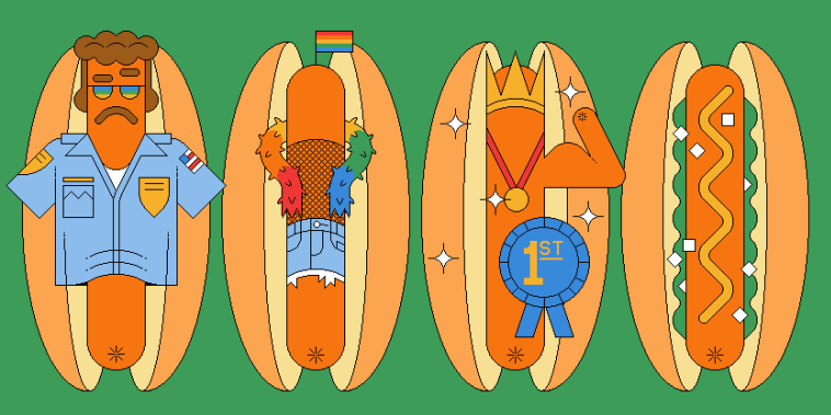 Illustration of four hot dogs, one hot dog is styled like a 70s porn actor, one in a LGBTQ Pride outfit, one with a crown and award ribbon, and one regular hot dog.