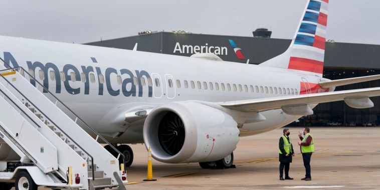 An American Airlines plane at Dallas-Forth Worth International Airport in 2020.