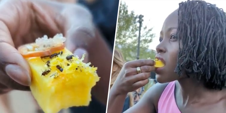 on the left, a close up of a yellow/orange fruit, presumably mango, with ants and possibly salt on it. On the right, N'yongo takes a bite.