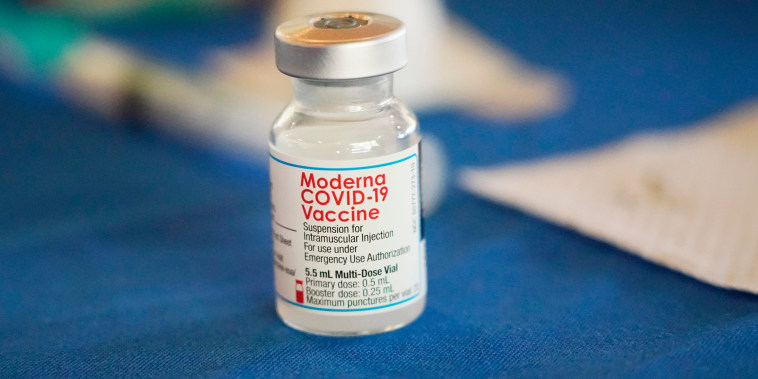 A vial of Moderna COVID-19 vaccine