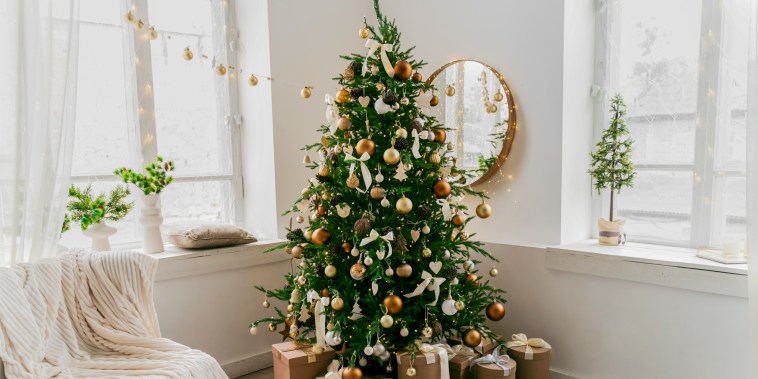 Image: A Christmas fir tree and holiday decor.