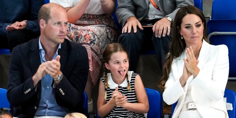 Image: Prince William, Duke of Cambridge, Princess Charlotte of Cambridge and Catherine, Duchess of Cambridge attend the Commonwealth Games in Birmingham on August 2, 2022.