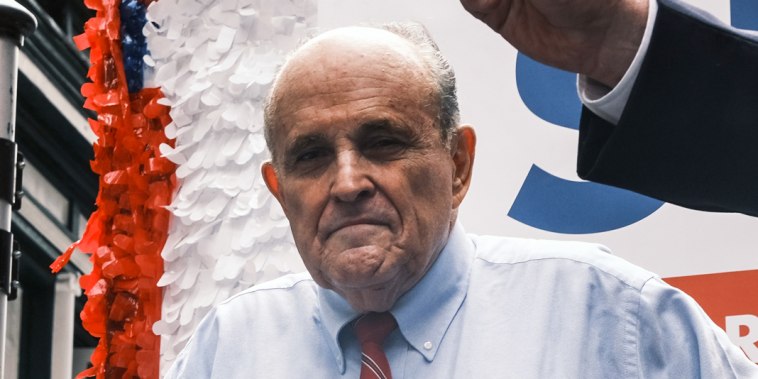 Former New York City Mayor Rudy Giuliani makes an appearance in support of fellow Republican Curtis Sliwa during his mayoral campaign on June 21, 2021, in New York.
