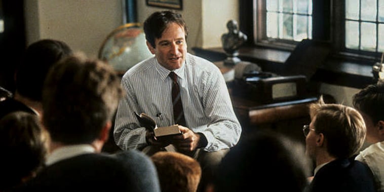 Image: Robin Williams teaching a class in a scene from the film 'Dead Poets Society', 1989.