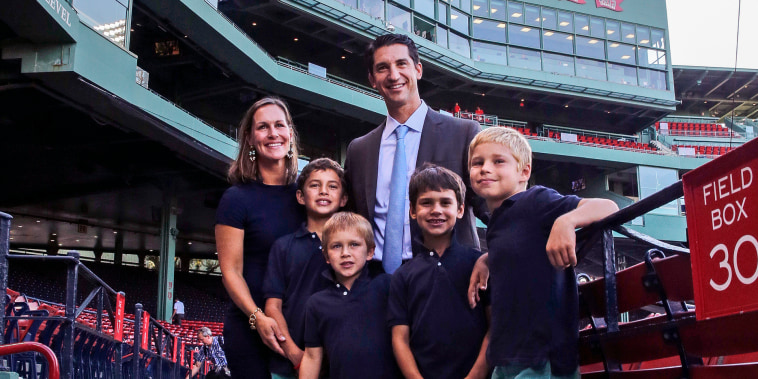 Boston Red Sox newly appointed General Manager Mike Hazen  with his wife Nicole and four sons at Fenway Park in Boston on Sept. 24, 2015.