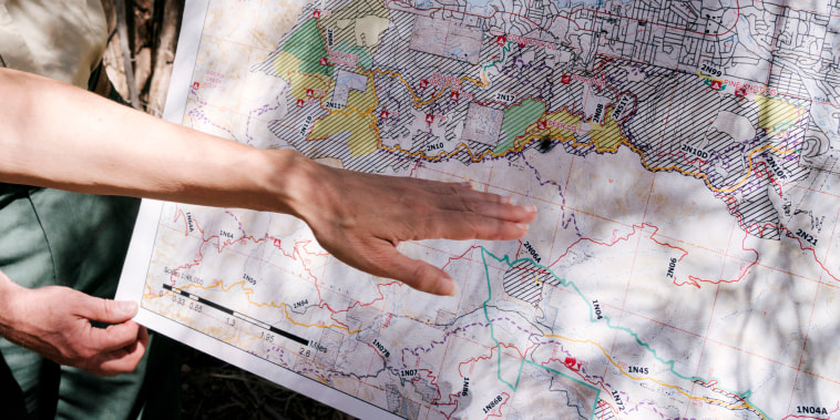 Image: A fuels planner for the Mountaintop Ranger District of the San Bernardino National Forest points to a map showing the different wildfire management projects around the Big Bear Lake.
