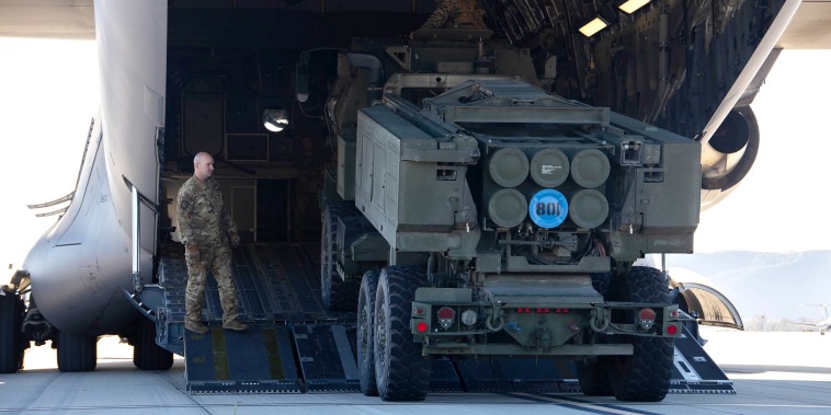 A high mobility artillery rocket system is offloaded from a C-17 Globemaster III., at Marine Corps Air Station Camp Pendleton, Calif., on Jan. 27, 2022. Four similar HIMARS were recently sent to Ukraine as part of a $450 million security assistance package.