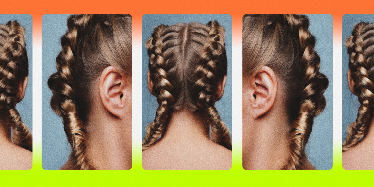 Photo illustration of a girl in braided pigtails on phone-shaped screens.