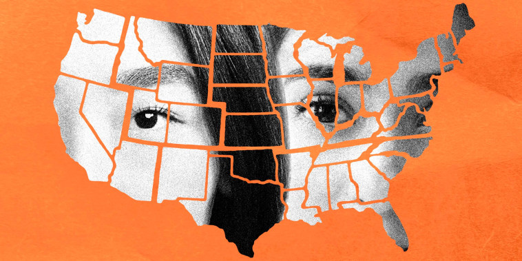 Photo Illustration: An East Asian woman and South Asian woman's faces are fragmented across a map of the United States