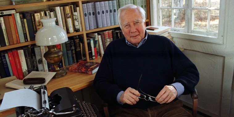David McCullough in his writing shed with typewriter