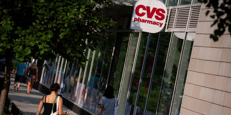 A general view of a CVS Pharmacy logo on a store location in Washington, D.C., on Thursday, July 22, 2021, amid the coronavirus pandemic. As the Delta variant of COVID-19 spreads rapidly in the America and around the world, this week in Washington negotiations over infrastructure legislation have continued in Congress.