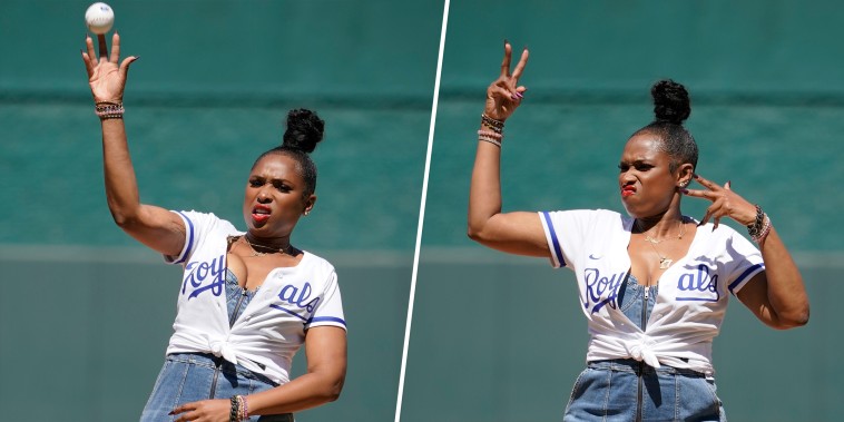 Jennifer Hudson throws out the first pitch prior to a game against the Kansas City Royals and Chicago White Sox at Kauffman Stadium on August 9, 2022 in Kansas City, Missouri.
