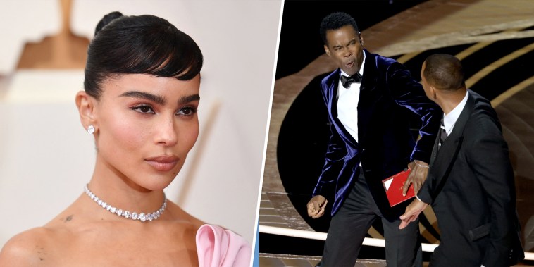 (l) Zoe Kravitz attends the 94th Oscars at the Dolby Theatre in Hollywood, California on March 27, 2022.  (R) Will Smith slaps Chris Rock onstage during the 94th Annual Academy Awards at Dolby Theatre on March 27, 2022 in Hollywood, California.