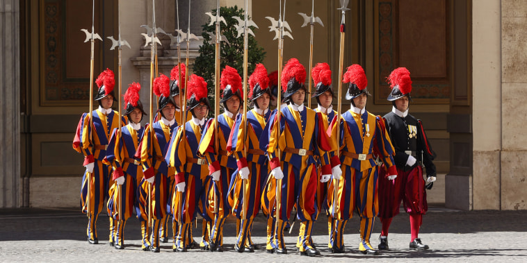 Swiss Guard line up at St. Damaso courtyard at the Vatican City, Vatican, on June 10, 2022.
