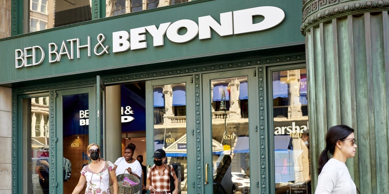 Image: Customers exit a Bed Bath & Beyond retail store in New York on  Aug. 25, 2022.