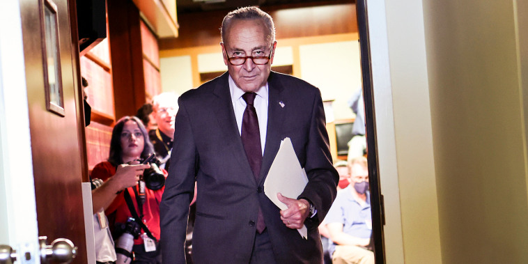 Senate Majority Leader Charles Schumer, D-N.Y., leaves a press conference at the Capitol on Aug. 5, 2022.