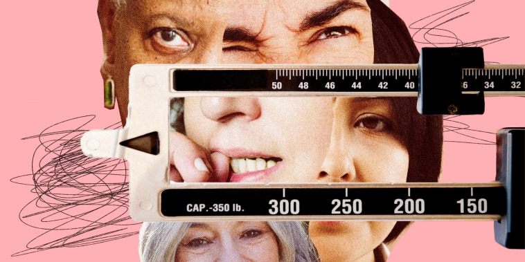 Photo Illustration: A collage of anxious middle age women's faces looking at a scale