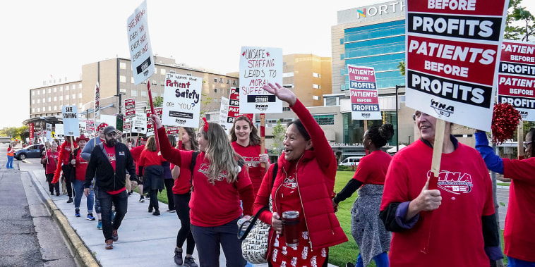 Nurses strike outside North Memorial Health Hospital in Robbinsdale, Minn., on Sept. 12, 2022.