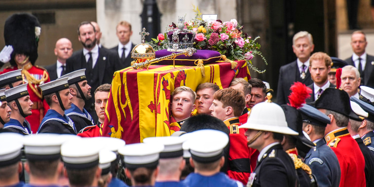 Image: The coffin of Queen Elizabeth II is placed on a gun carriage during her funeral service in Westminster Abbey in central London on Sept. 19, 2022.