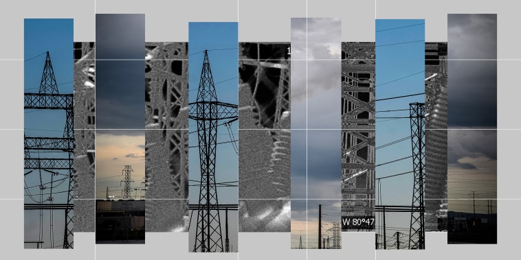 Photo illustration: Grid showing images of electrical substations along with thermal images of electrical equipment at a Duke Energy substation.