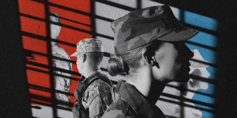 Photo illustration of silhouettes of Army soldiers behind the shadows of bars cast on a wall.