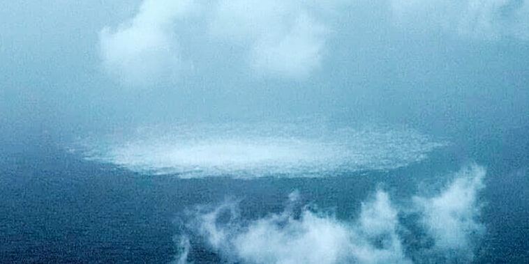 The gas leak in the Baltic Sea from Nord Stream photographed from the Coast Guard's aircraft on Sept. 27, 2022.