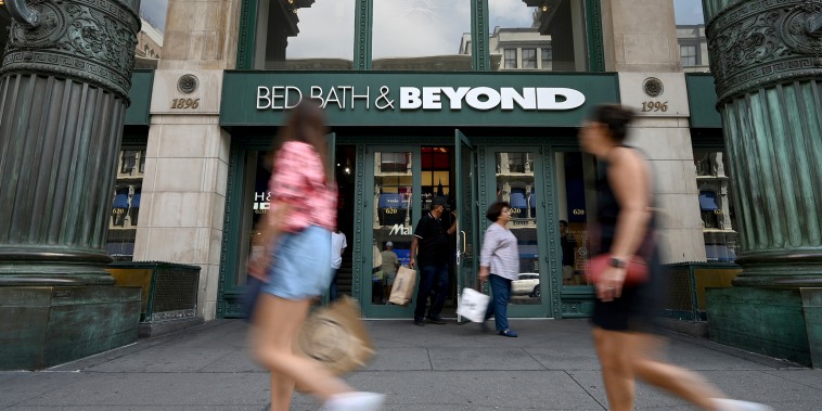 People walk past the entrance to a Bed Bath & Beyond retail store along Sixth Avenue in New York, on Sept. 4, 2022.