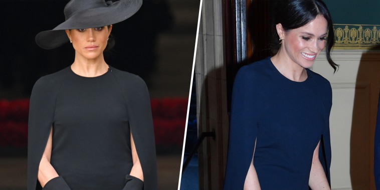 (L) Meghan, Duchess of Sussex during the State Funeral of Queen Elizabeth II at Westminster Abbey on September 19, 2022 in London, England. 
(R) Prince Harry and Meghan Markle arrive at the Royal Albert Hall to attend a star-studded concert to celebrate the Queen's 92nd birthday on April 21, 2018 in London, England.  The Queen and members of the royal family are guests of honour at the celebration, which is being billed as The Queen's Birthday Party.