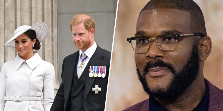 (L) Meghan, Duchess of Sussex and Prince Harry, Duke of Sussex attend the National Service of Thanksgiving at St Paul's Cathedral on June 3, 2022 in London, England. (R) Tyler Perry on the TODAY show Sept. 21. 2022.